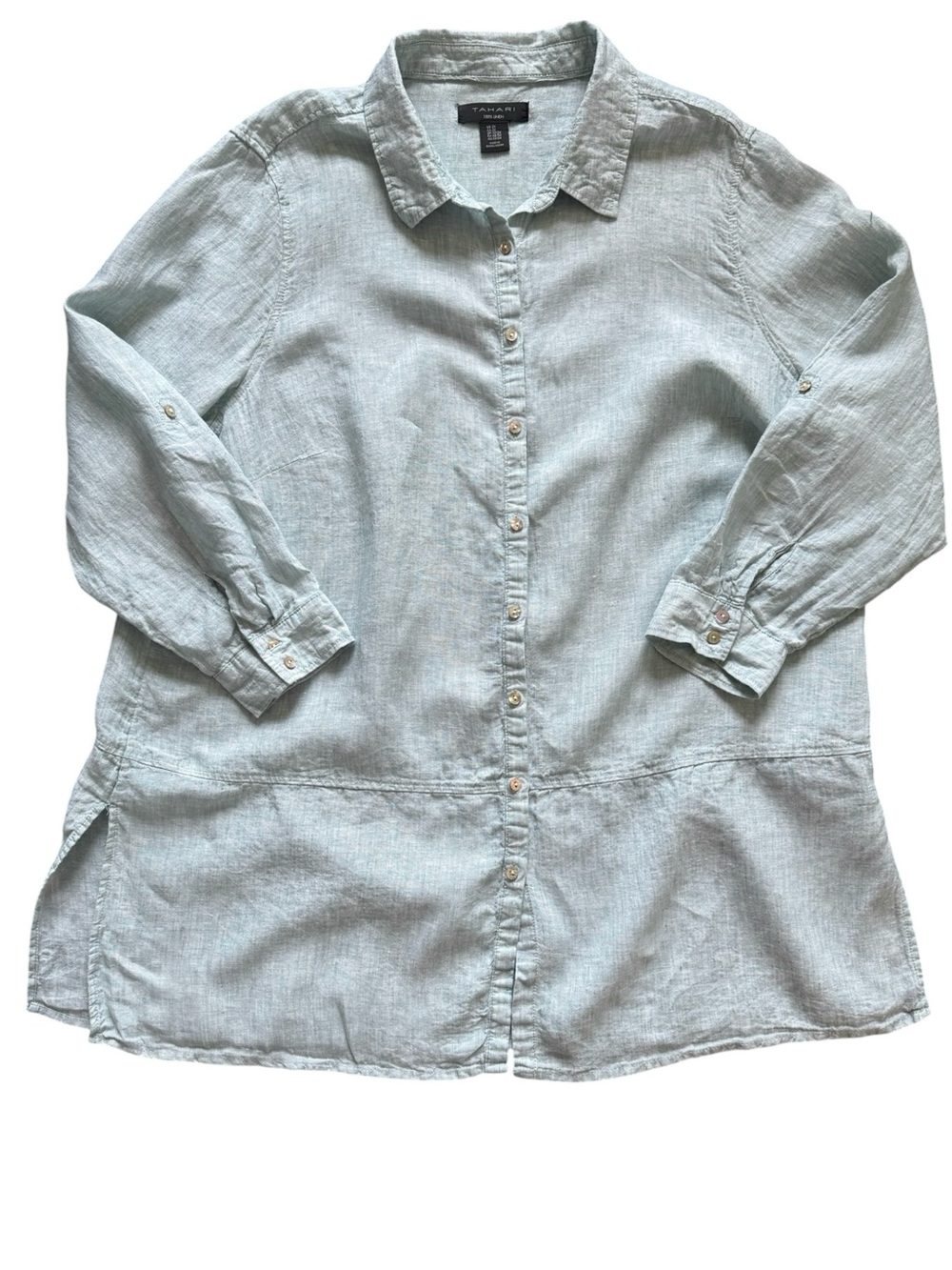 Tahari 100% Linen Button Front Shirt Womens 2X Light Green Tunic Top Plus Size